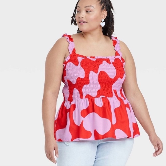 Ava & Viv Women's Plus Size Smocked Peplum Tank Top - Red Abstract - Picture 2 of 4